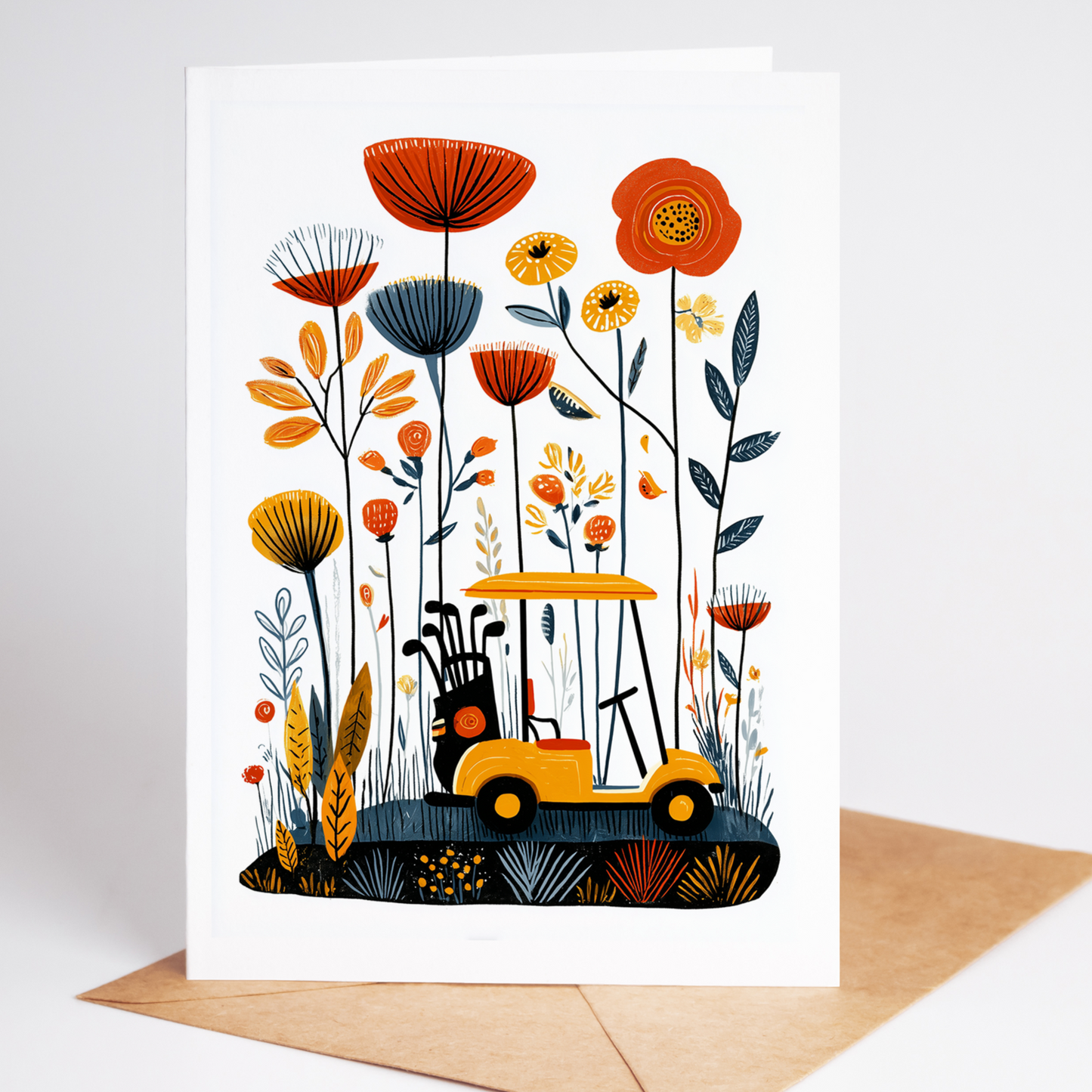 Whimsical yellow golf cart nestled among tall orange, yellow, and navy botanical blooms; blank card for Father’s Day, retirements, or thank-yous.