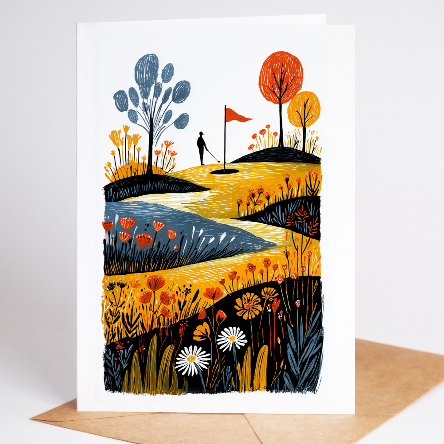 Playful island-green scene showing golf ball, red flag, and reflective water surrounded by autumn foliage; perfect birthday card for golf lovers.