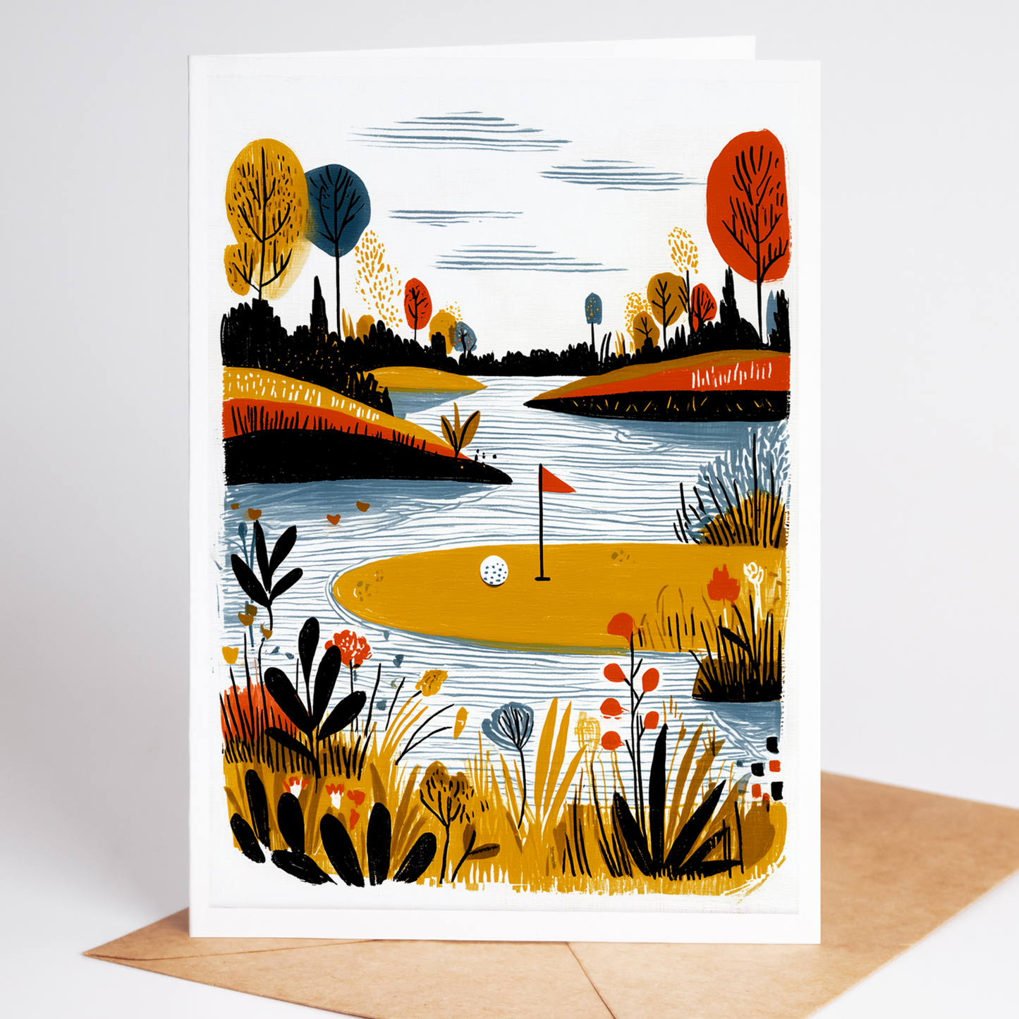 Charming golf course vignette with daisies, poppies, and rich navy grass framing a sunny green; blank inside greeting for tournaments and celebrations.