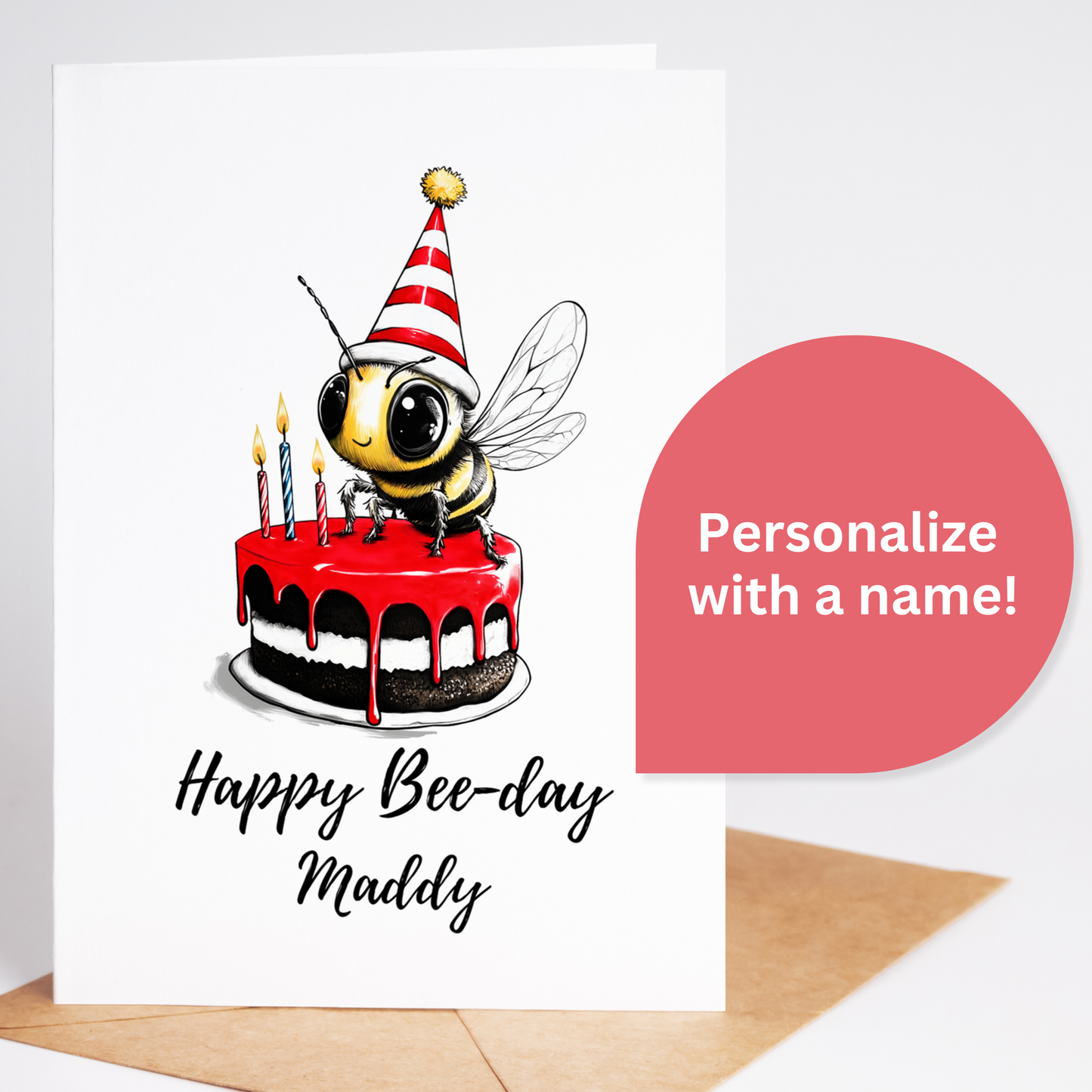 Happy Bee-Day Birthday Card with a cute bumblebee, personalized with a custom name, handmade on premium cardstock, blank inside
