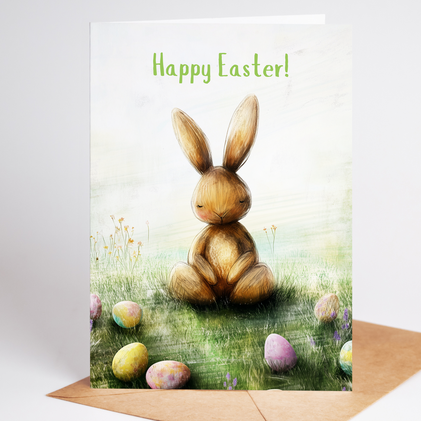 Happy Easter card featuring a watercolor-style rustic bunny sitting in a grassy field with pastel Easter eggs and flowers, perfect for spring greeting cards or digital downloads.