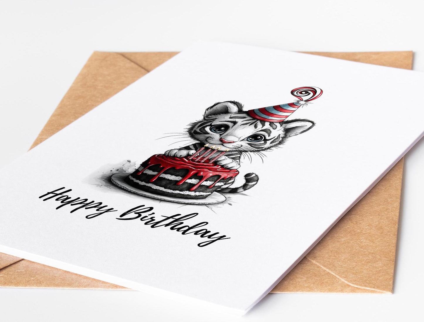Adorable Tiger Birthday Card for Kids and Adults - Blank Inside on Premium Cardstock