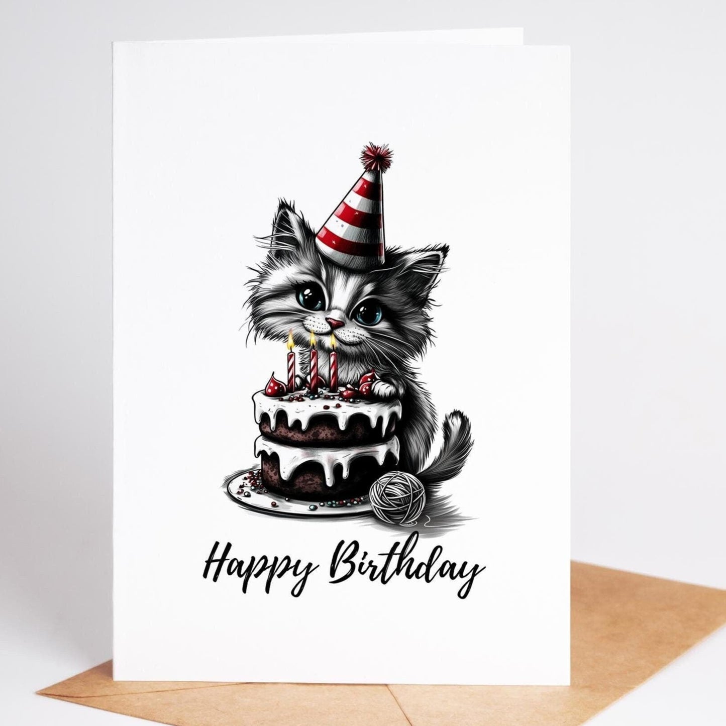 Adorable Cat Birthday Card – Blank Inside on Premium Cardstock