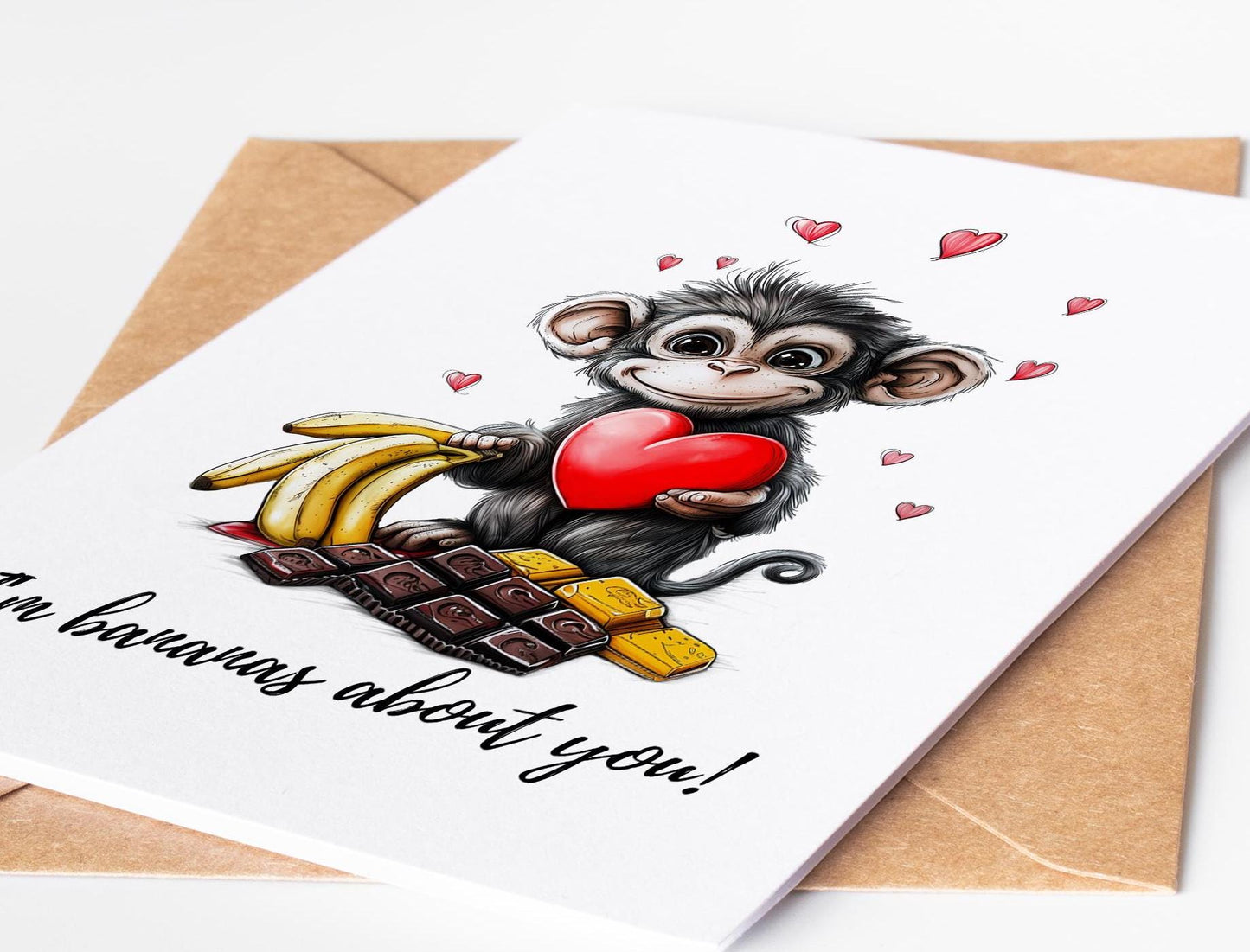 Monkey Love folk-art greeting card, blank inside