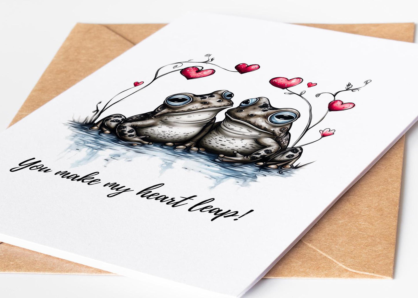 Frog Love folk-art greeting card, blank inside