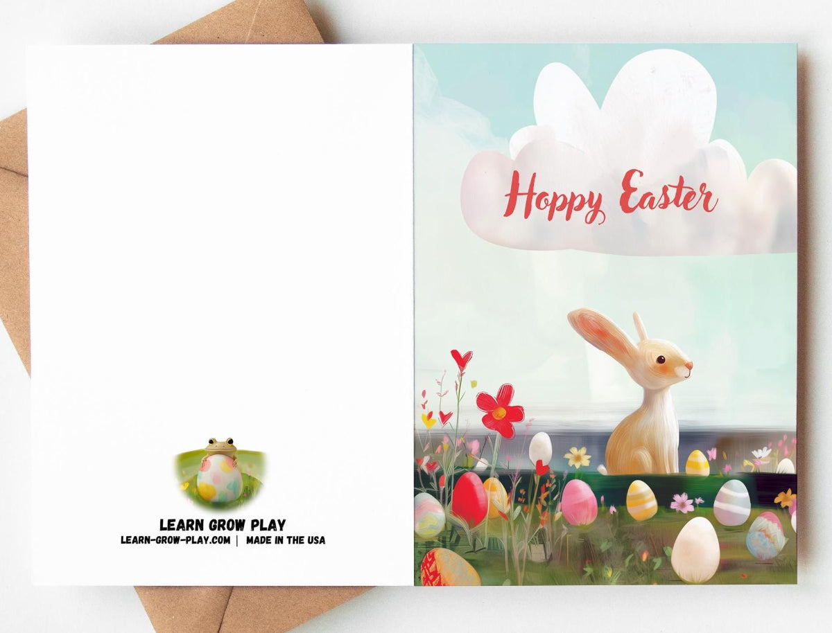 Handmade Easter Greeting Card | Hoppy Easter Bunny and Eggs Card | Cute Rabbit Spring Card | Whimsical Easter Holiday Card