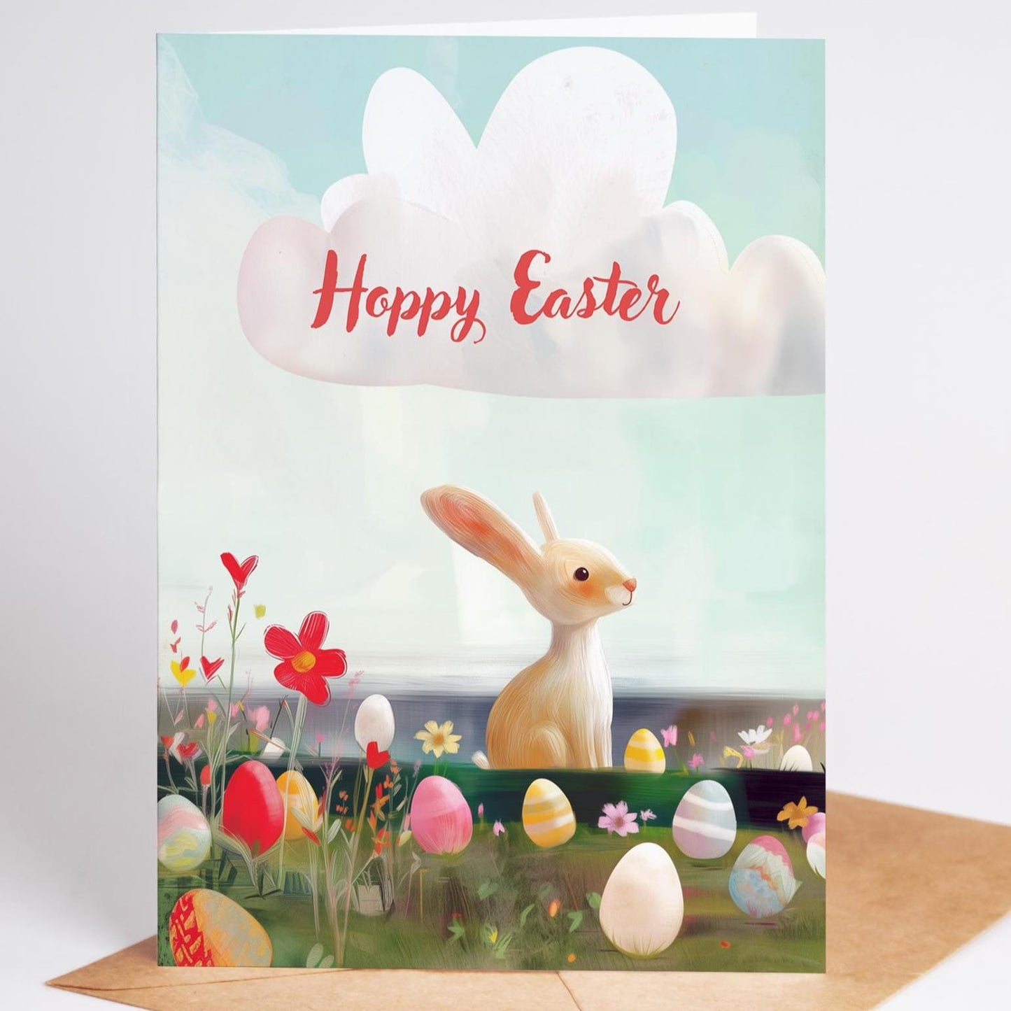 Handmade Easter Greeting Card | Hoppy Easter Bunny and Eggs Card | Cute Rabbit Spring Card | Whimsical Easter Holiday Card