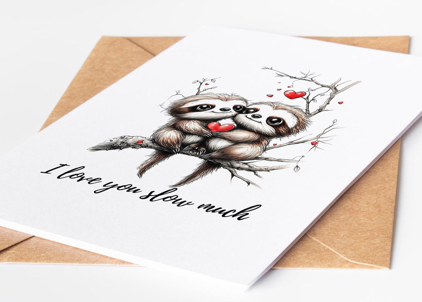 Sloth Love folk-art greeting card, blank inside