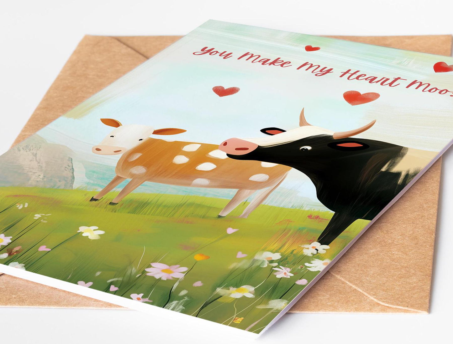 Cow Love folk-art greeting card, blank inside