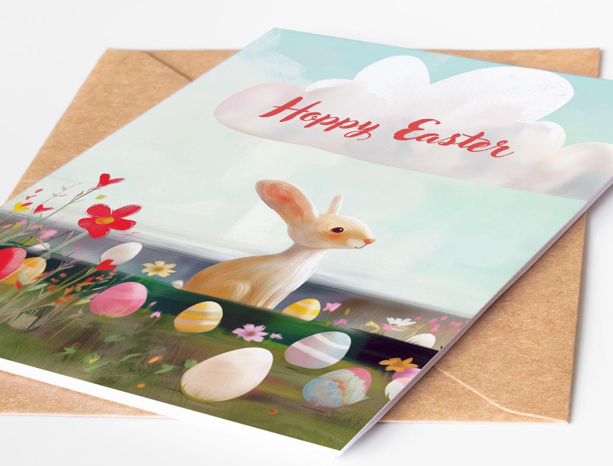 Handmade Easter Greeting Card | Hoppy Easter Bunny and Eggs Card | Cute Rabbit Spring Card | Whimsical Easter Holiday Card