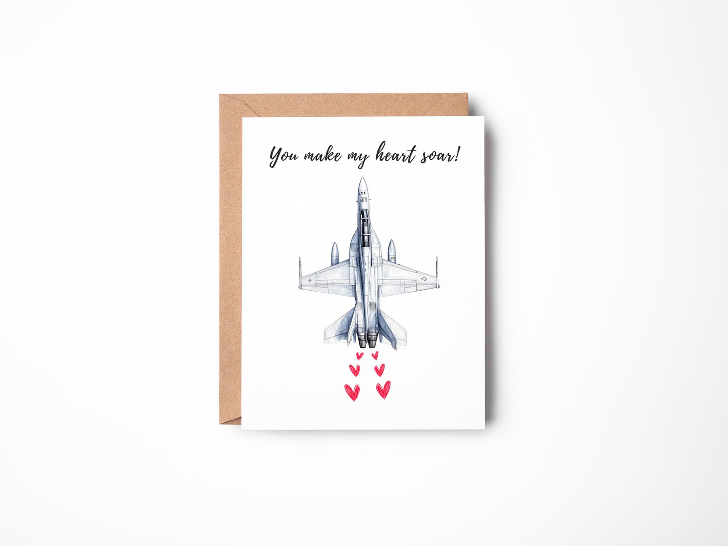 Fighter Jet Love folk-art greeting card, blank inside
