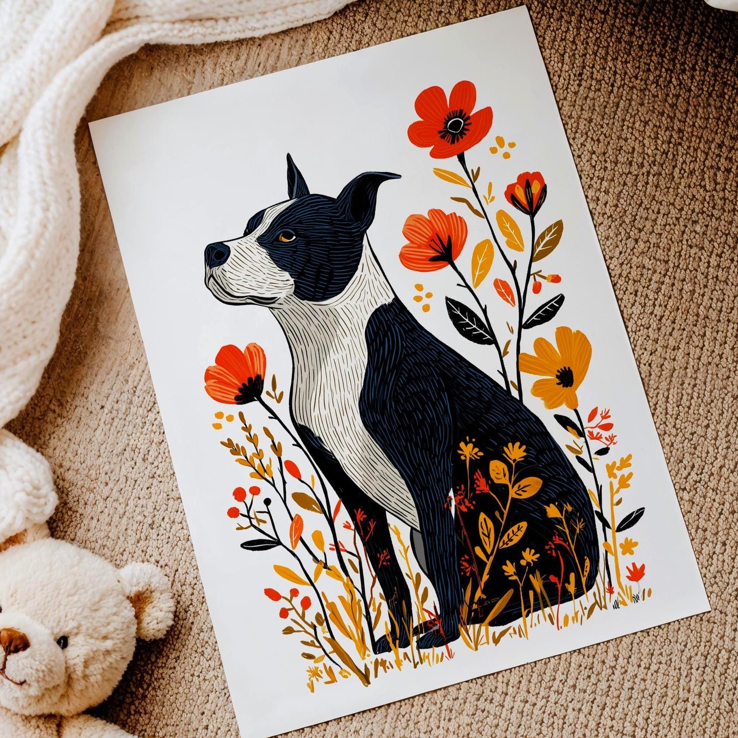 Pitbull Floral folk-art art print, blank inside