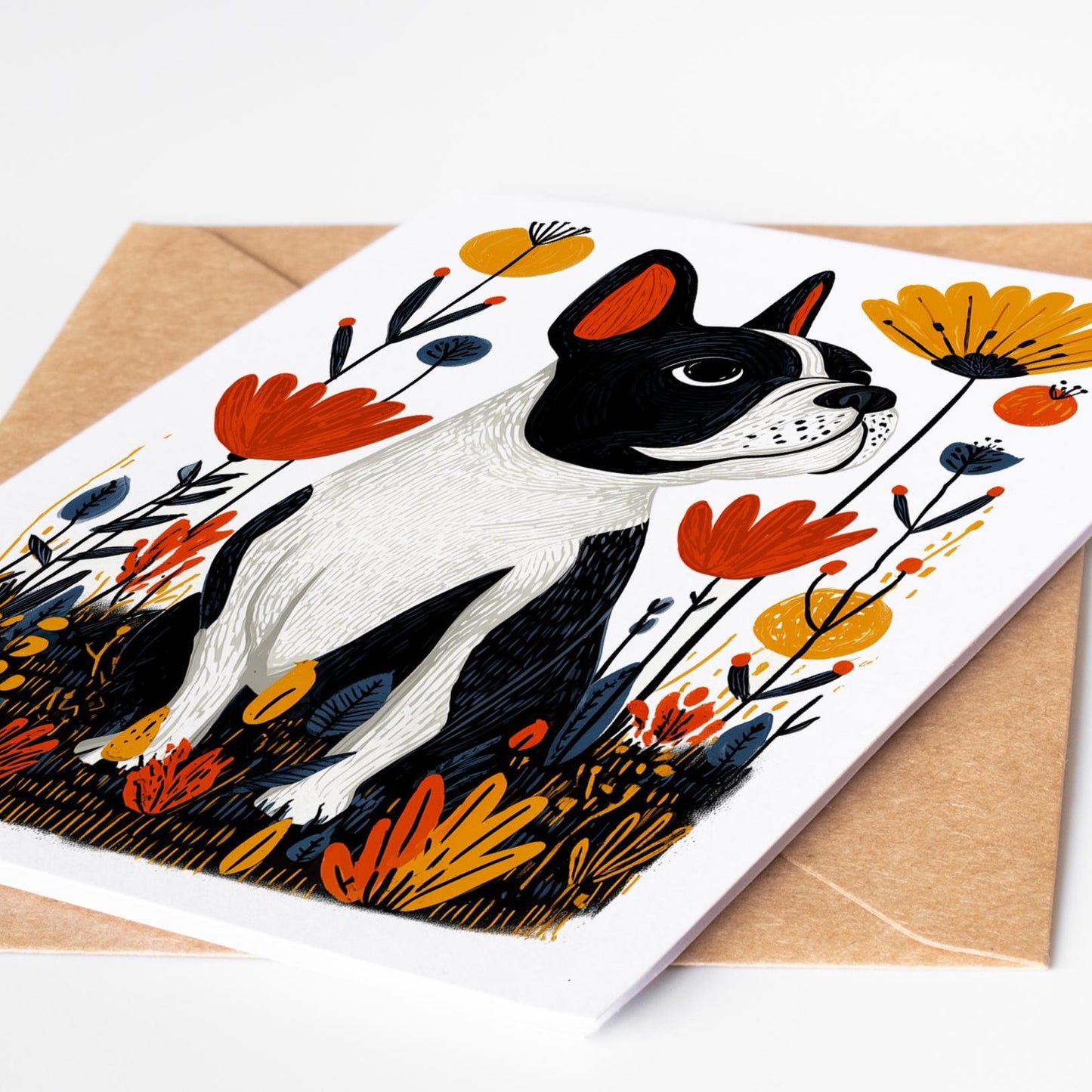 French Bulldog folk-art greeting card, blank inside