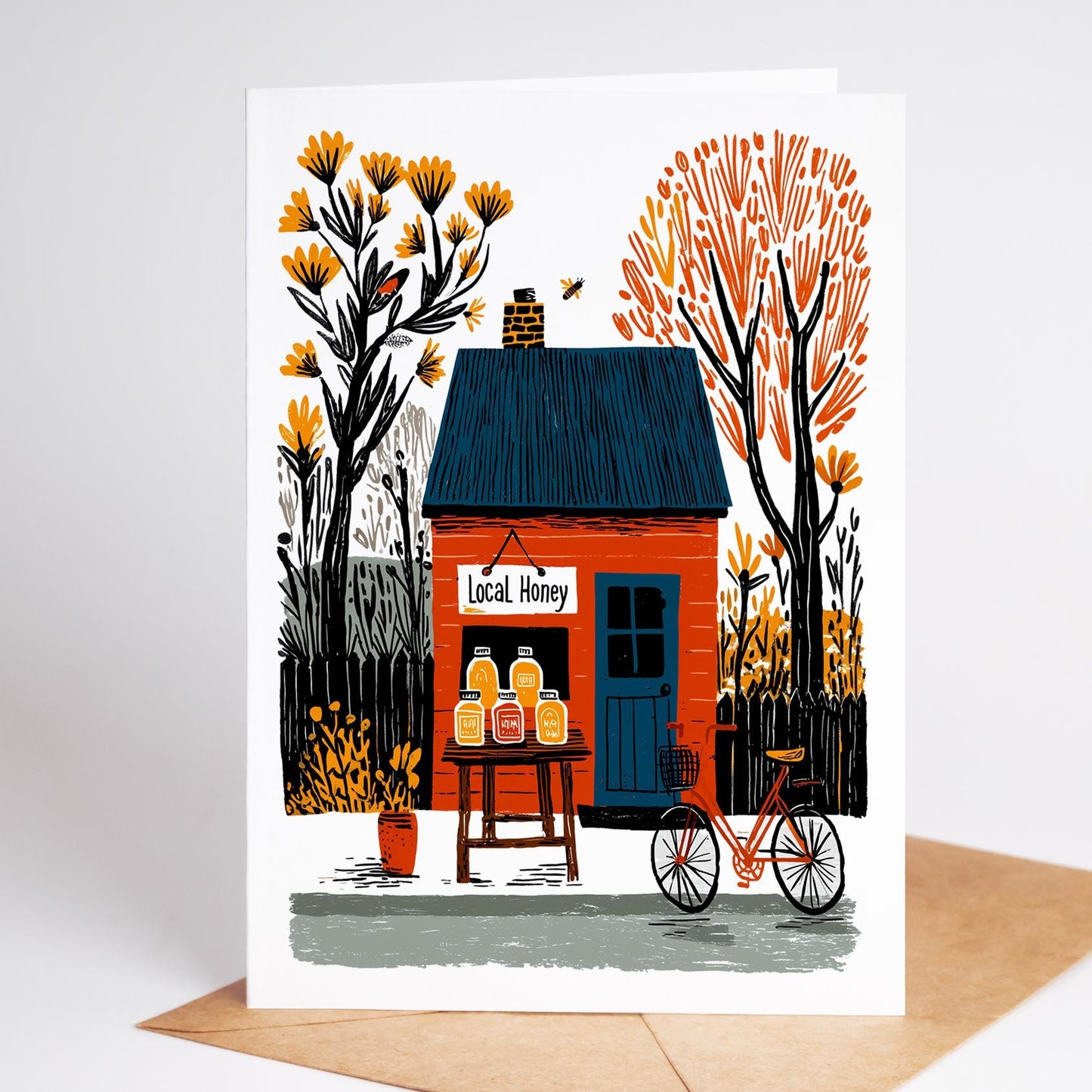 Beekeeping folk-art greeting card, blank inside