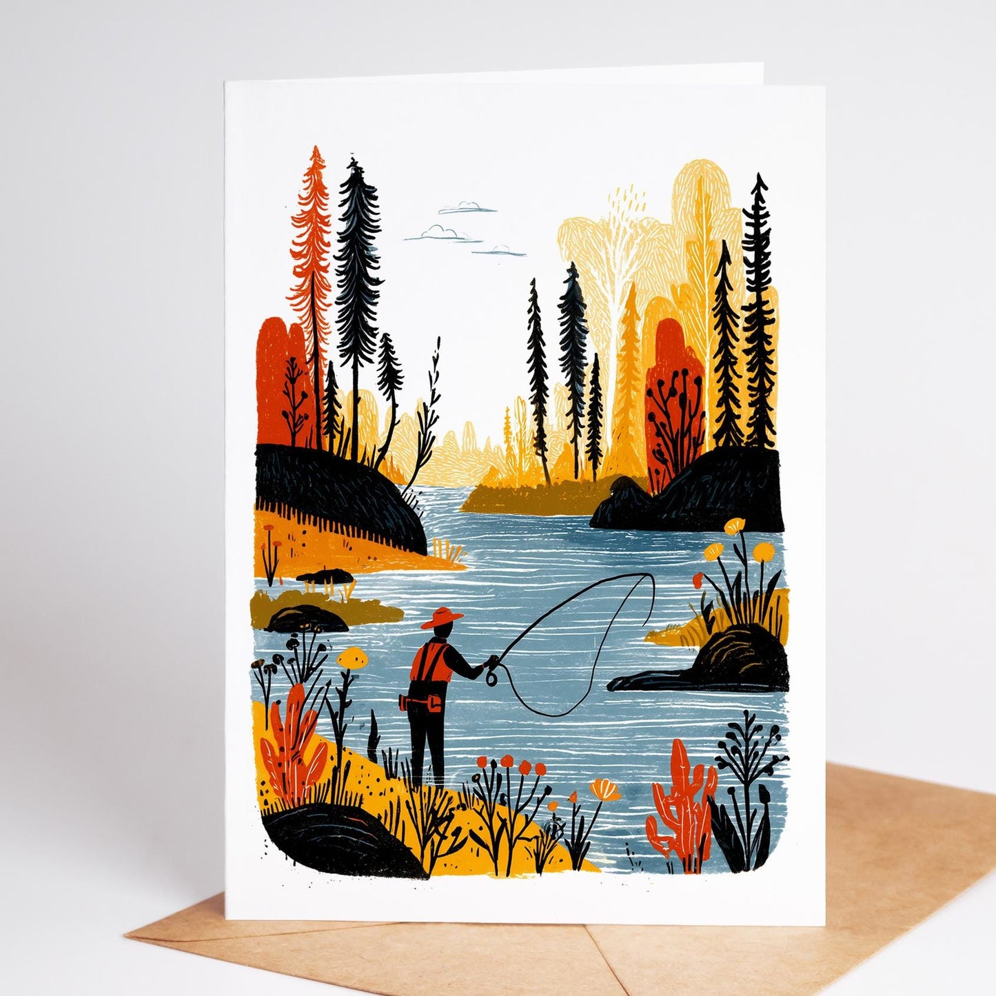 Fly Fishing folk-art greeting card, blank inside