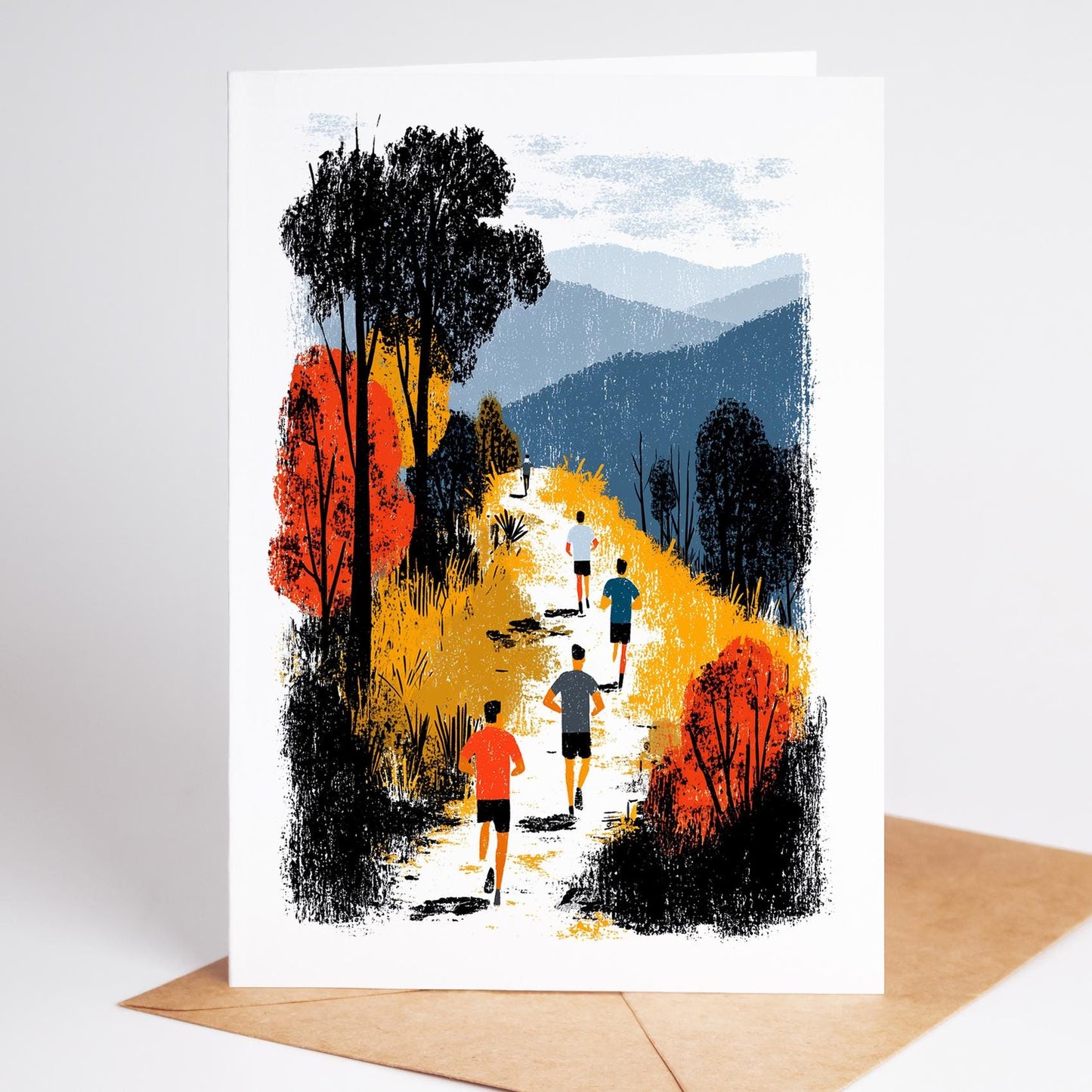 Trail Running folk-art greeting card, blank inside