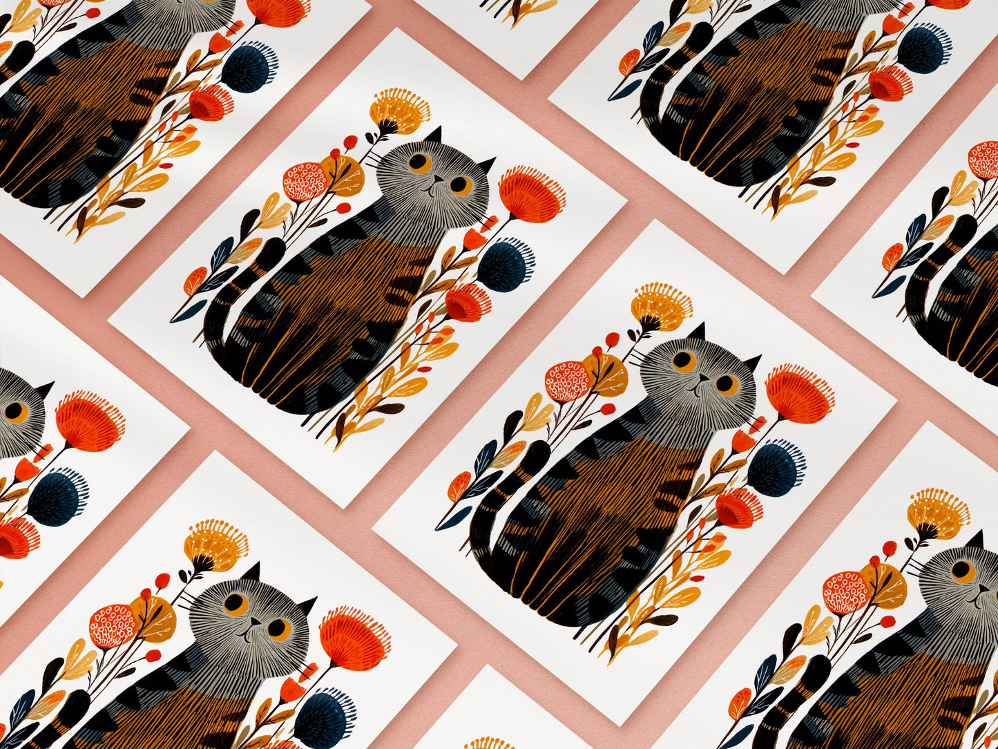 Grey Tabby Cat folk-art greeting card, blank inside