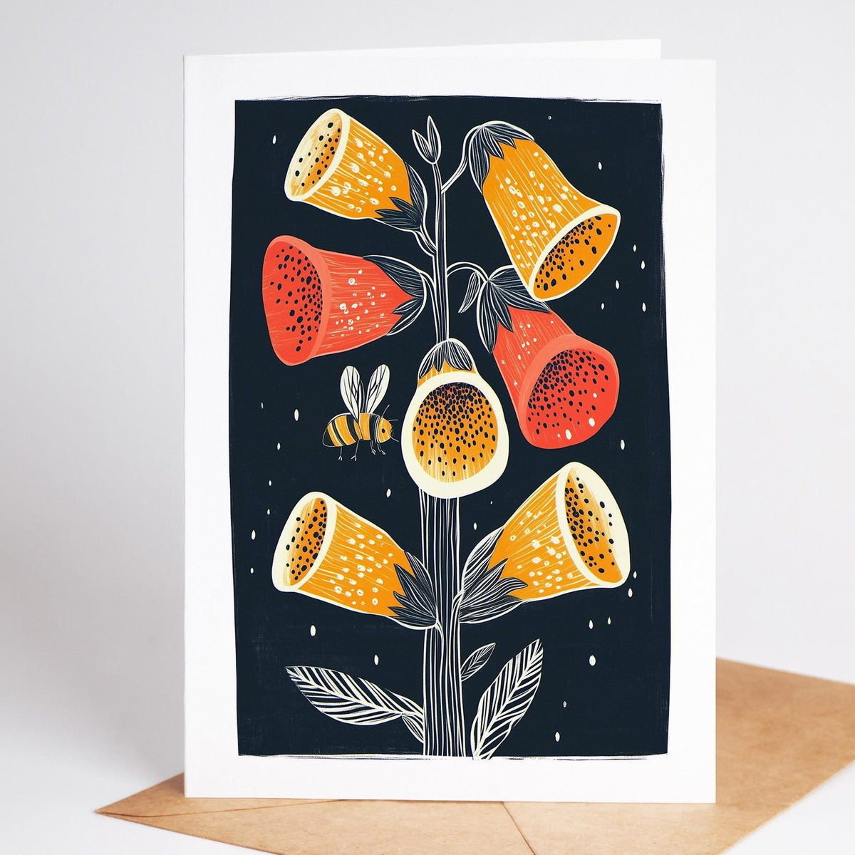 Mid century modern floral card, an orange and red foxglove with a bee on navy