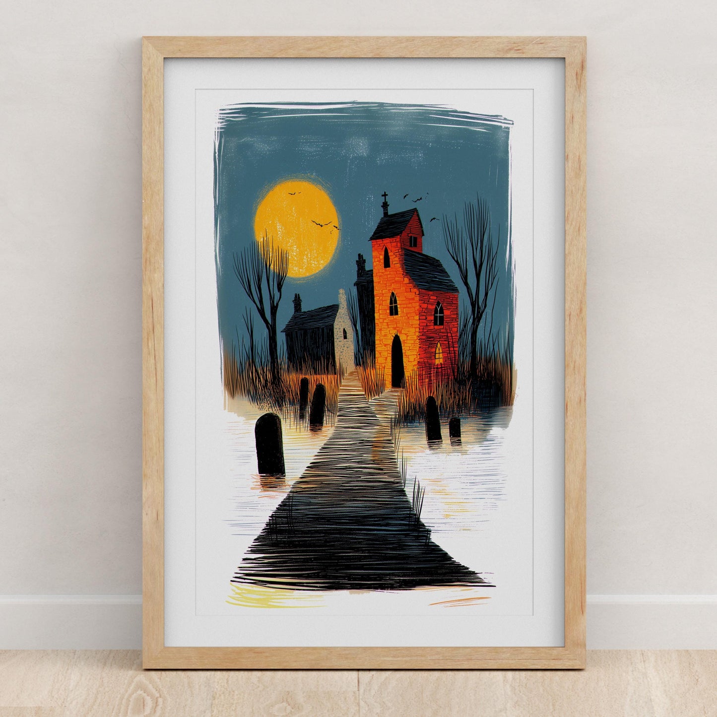 Haunted Village folk-art art print, blank inside