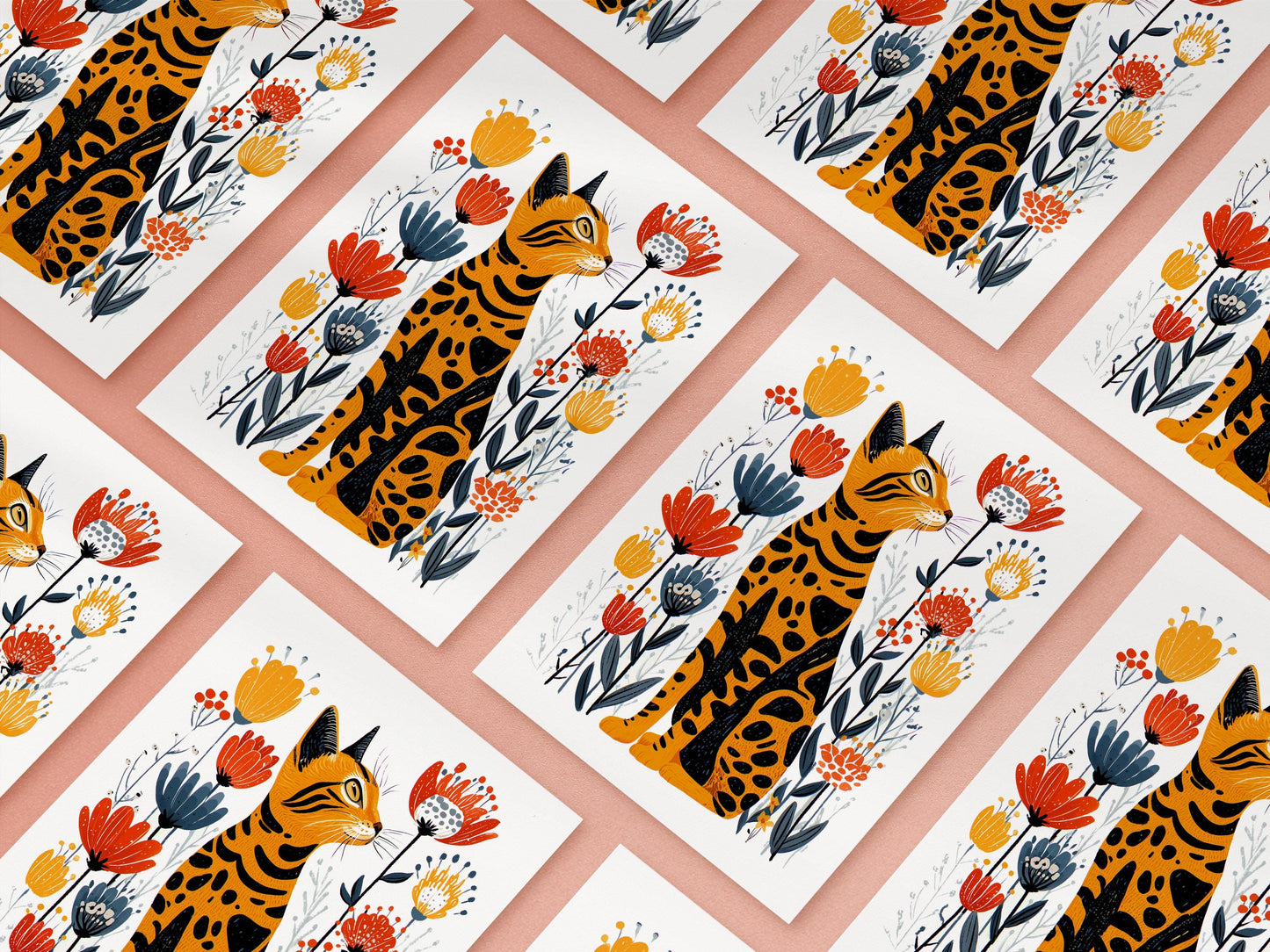 Bengal Cat folk-art greeting card, blank inside