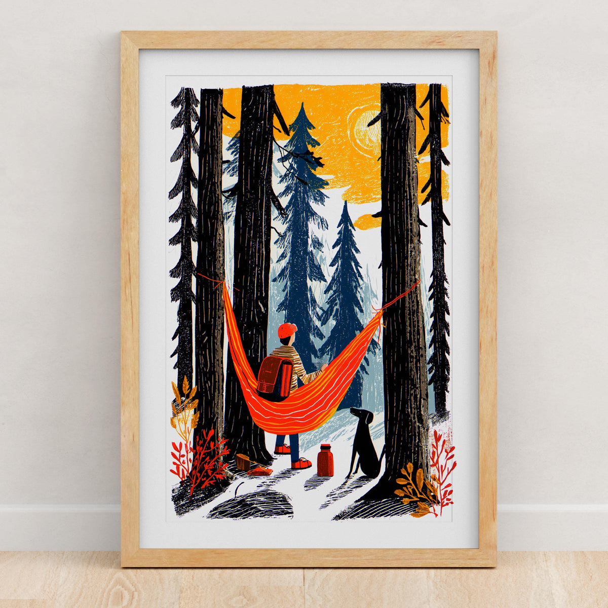 Camping folk art wall print, linocut style wilderness scene