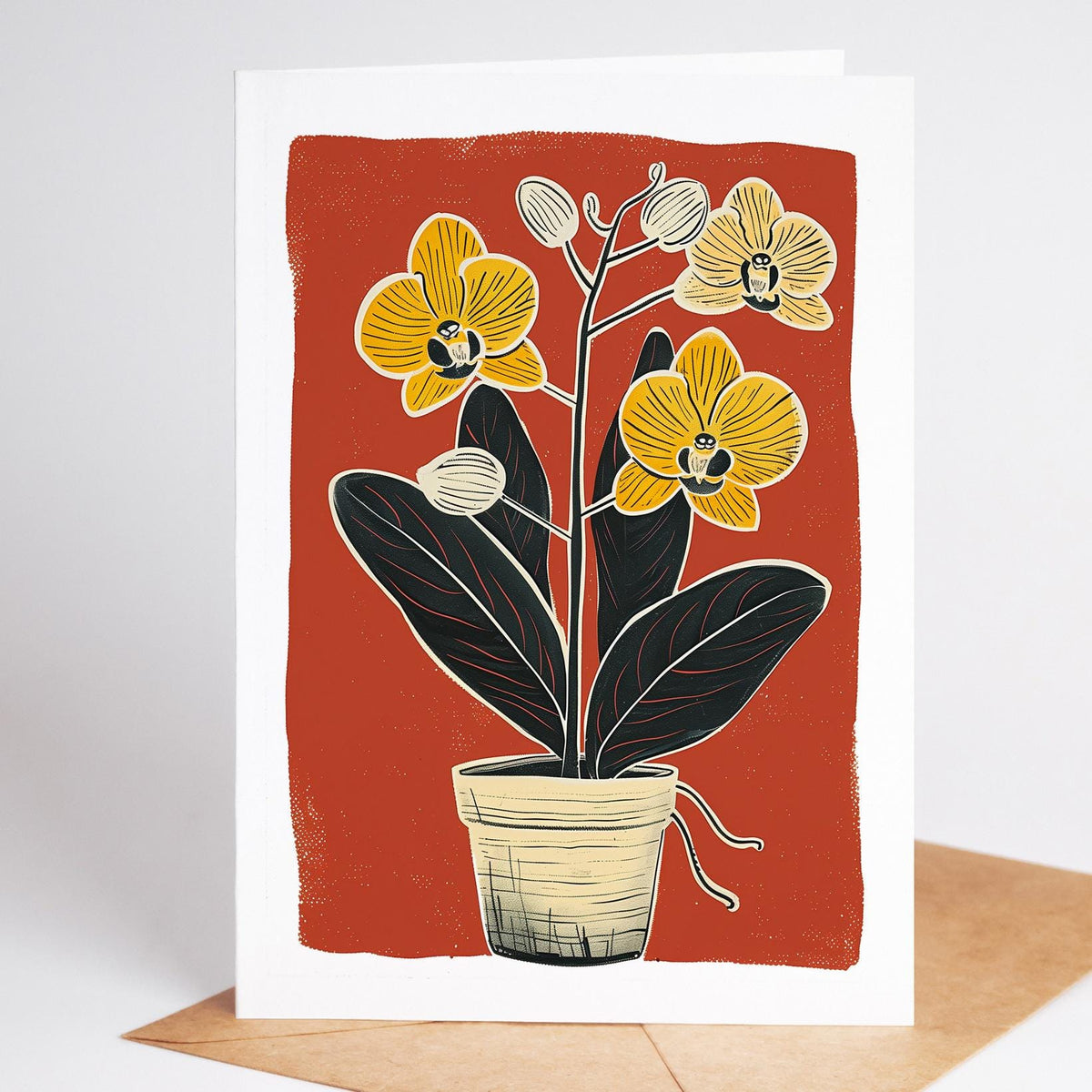 Orchid folk art note card with yellow blooms on a deep red background