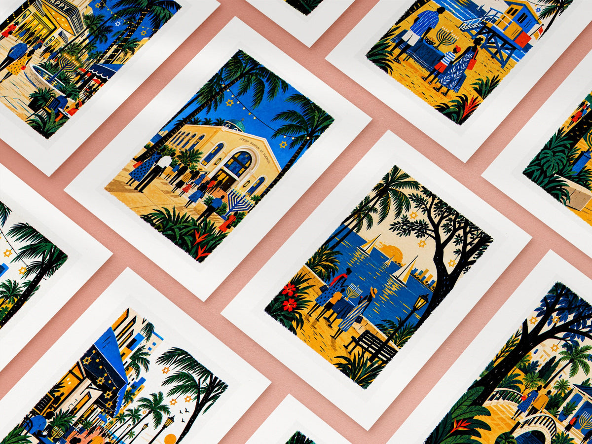 Ten South Florida Hanukkah cards arranged in a grid, the full set of warm folk art palm-tree designs