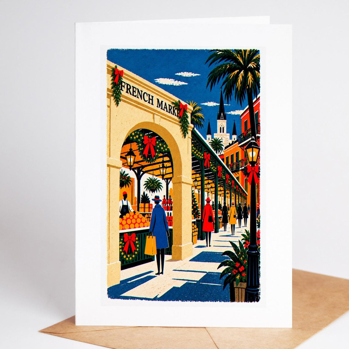 New Orleans Christmas card standing upright, the French Market arcade full of holiday produce stalls
