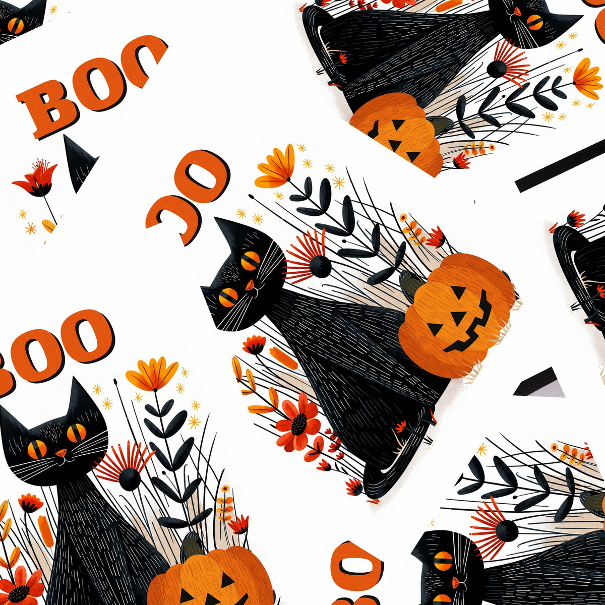 Boo black cat Halloween cards scattered overlapping, the full folk art Halloween design