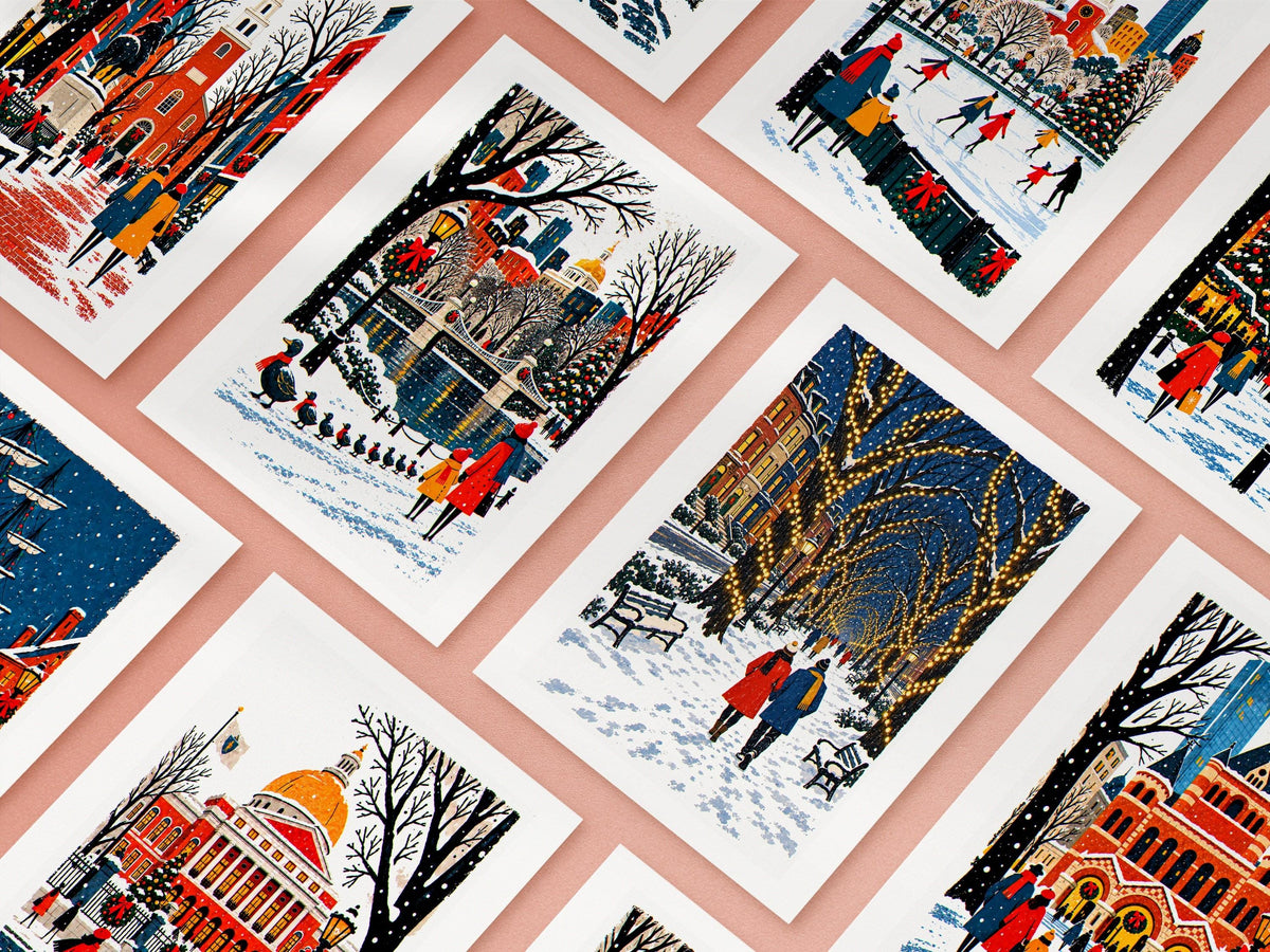 Ten Boston Christmas cards arranged in a grid, the full set of folk art city designs
