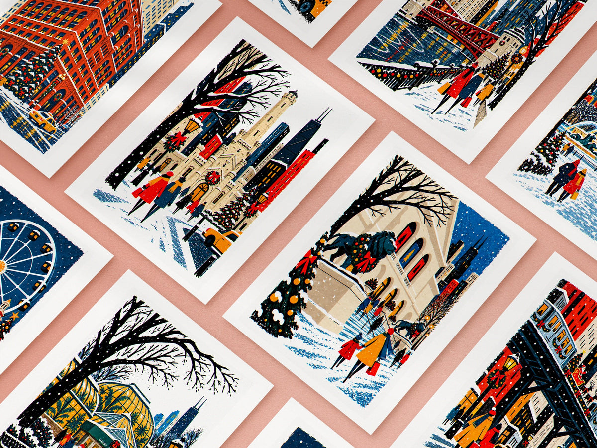 Ten Chicago Christmas cards arranged in a grid, the full set of folk art city designs