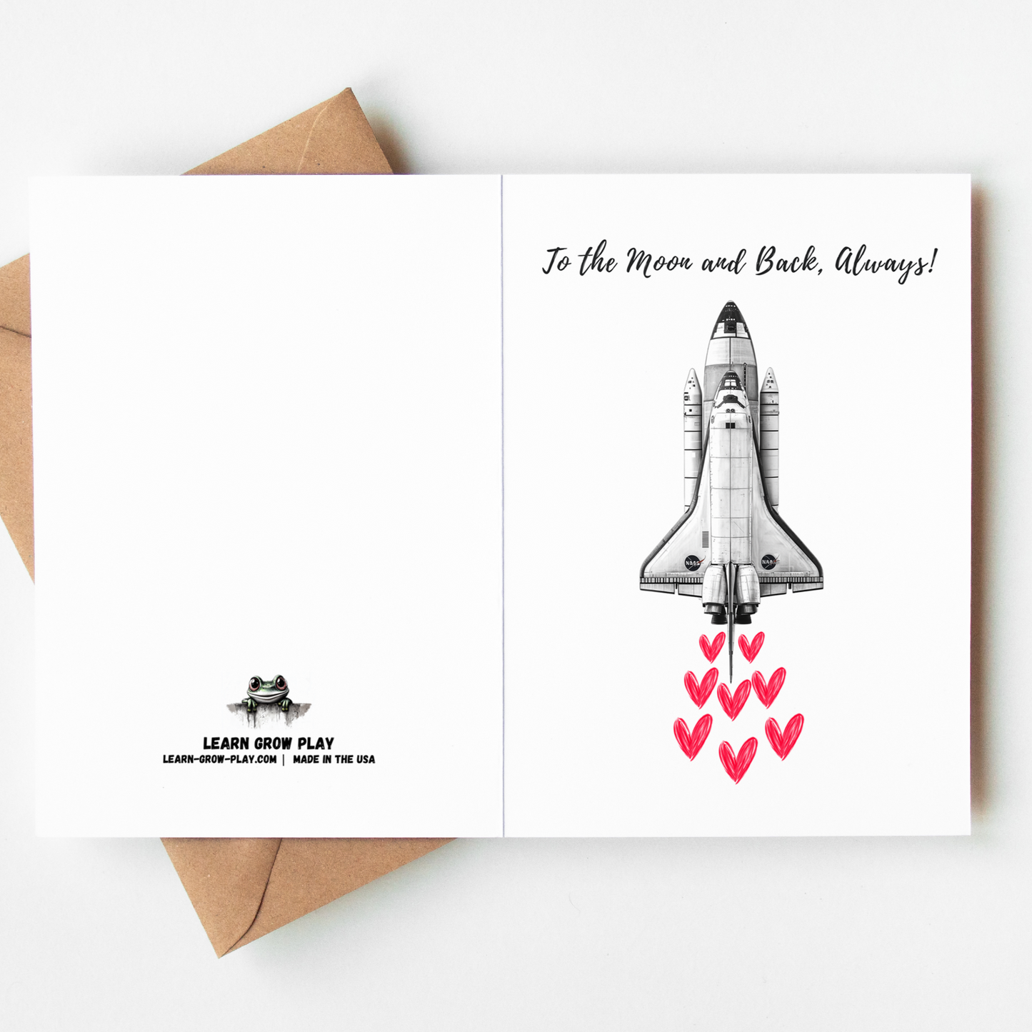 Detailed NASA Space Shuttle illustration with red hearts - romantic space themed greeting card