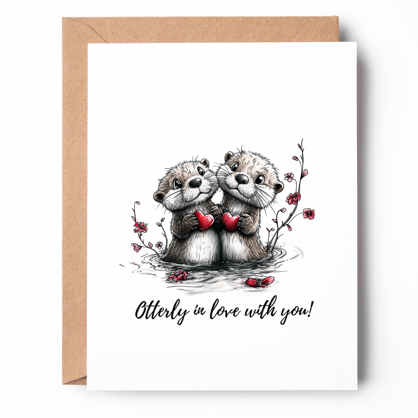 Sweet otter couple holding paws with red hearts - Otterly in Love With You Valentine's or anniversary card with romantic pun