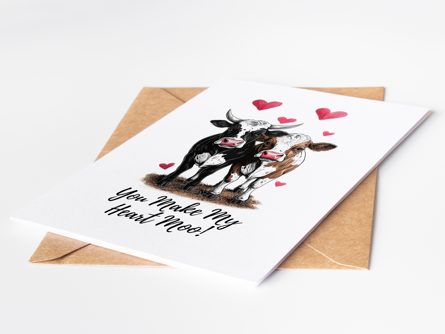 Customizable cow Valentine's card with barnyard puns - farm-inspired love message with option for personalized names
