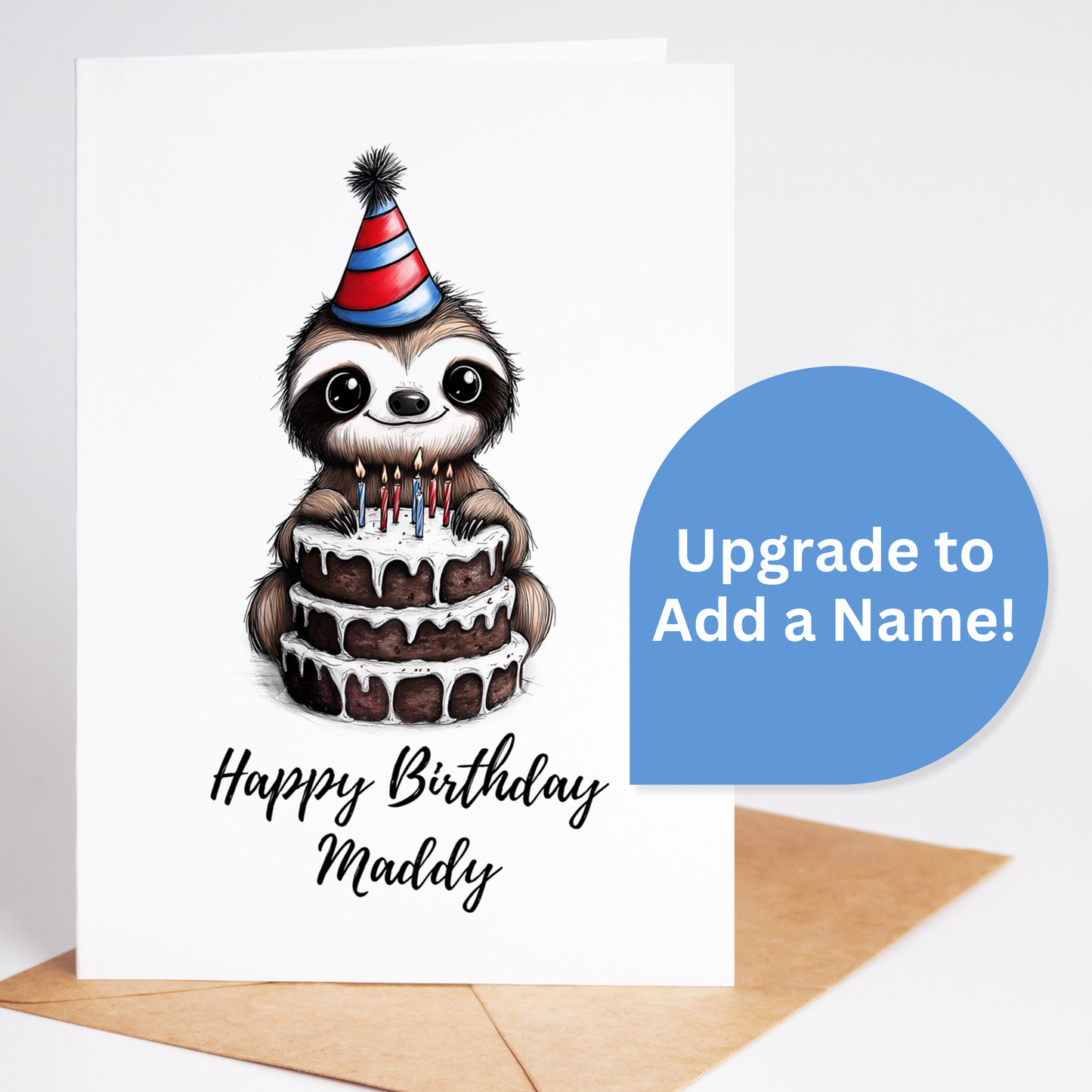 Personalized sloth birthday card with custom name option, perfect for sloth lovers of all ages.