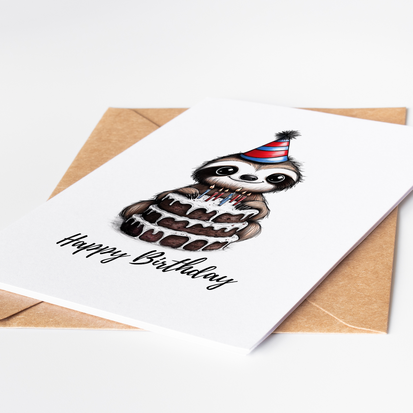 Personalized sloth birthday card with custom name option, perfect for sloth lovers of all ages.