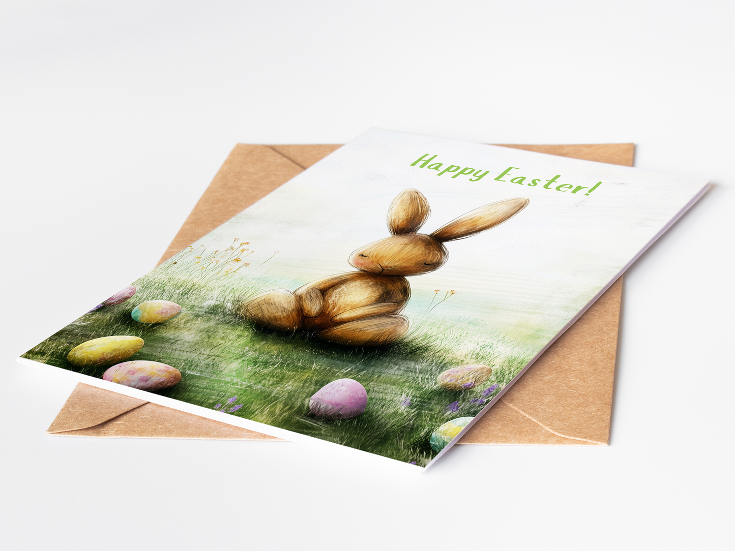 Rustic Easter bunny illustration with decorated eggs and floral grass, a charming holiday greeting card for spring celebrations and Easter gifting