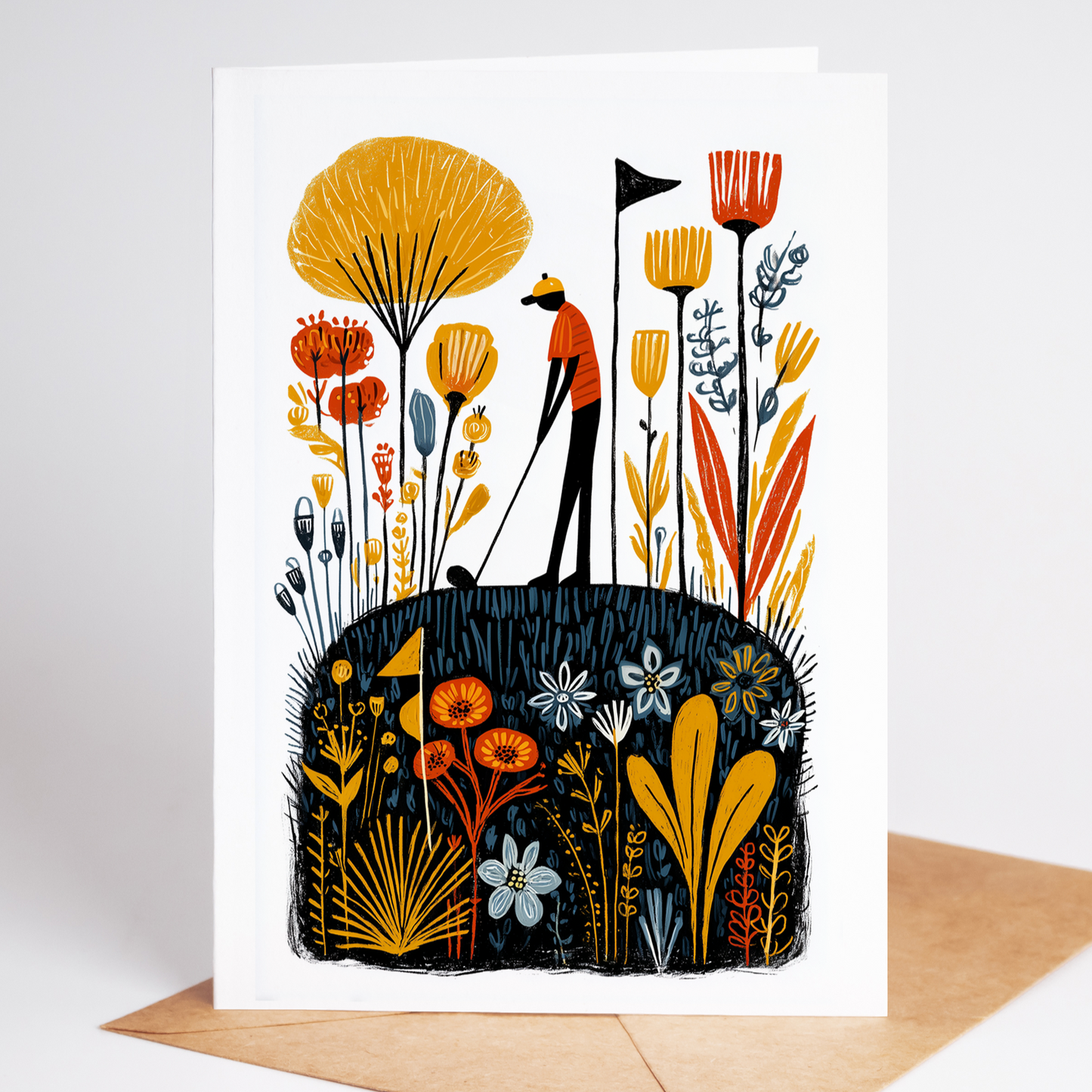 Illustrated lake-side fairway with rolling hills, colorful trees, and stylized meadow flowers; versatile golfer note card on premium matte stock.
