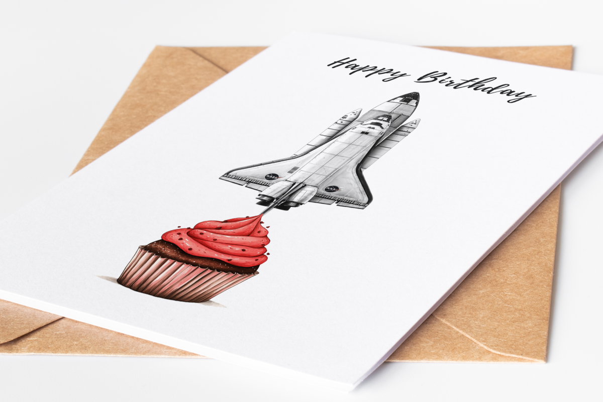 Funny science-themed birthday card featuring a NASA space shuttle launching from a cupcake, perfect for STEM enthusiasts, space lovers, and future astronauts.