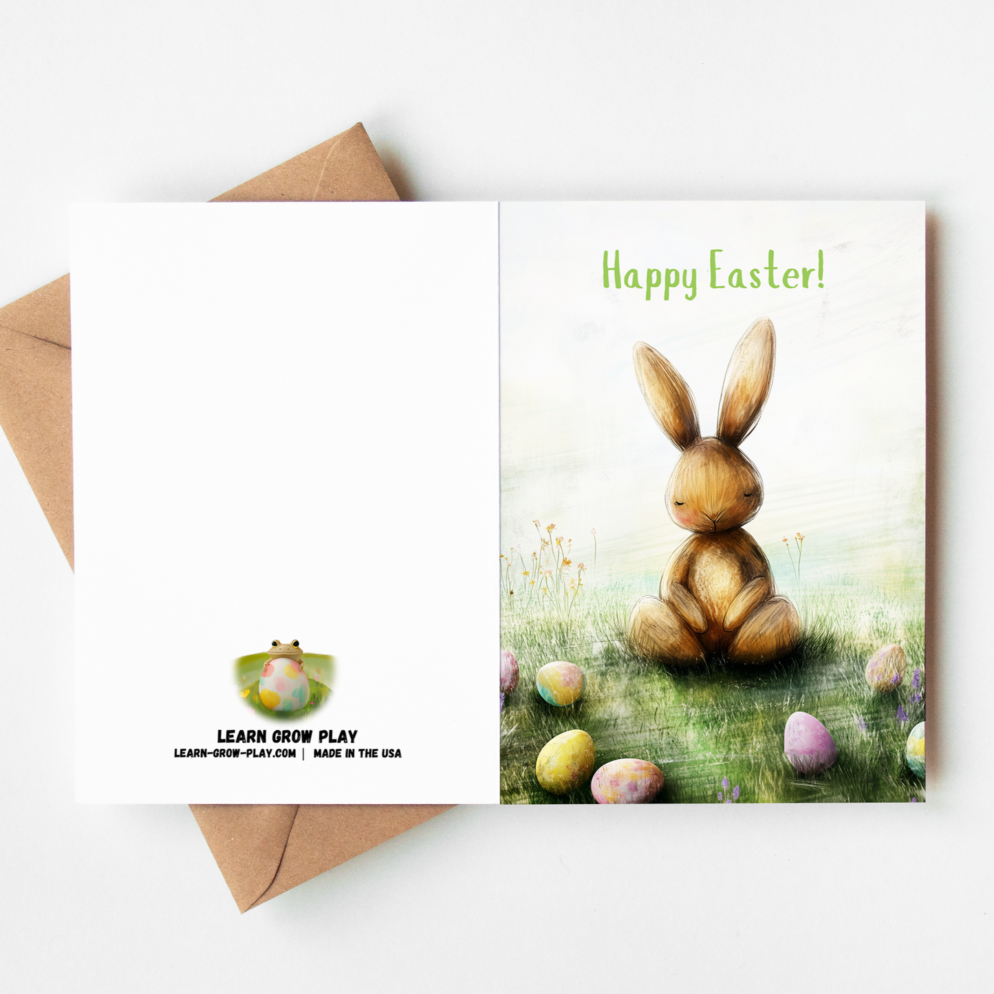 Hand-drawn Easter bunny greeting card with soft watercolor textures, featuring a cute brown rabbit, pastel-colored eggs, and springtime wildflowers.