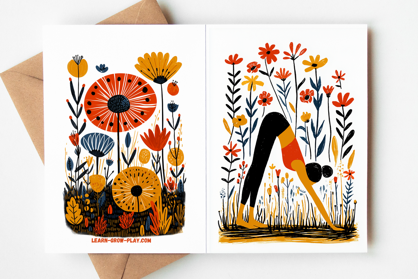Yoga greeting card featuring woman in Tree Pose with floral background