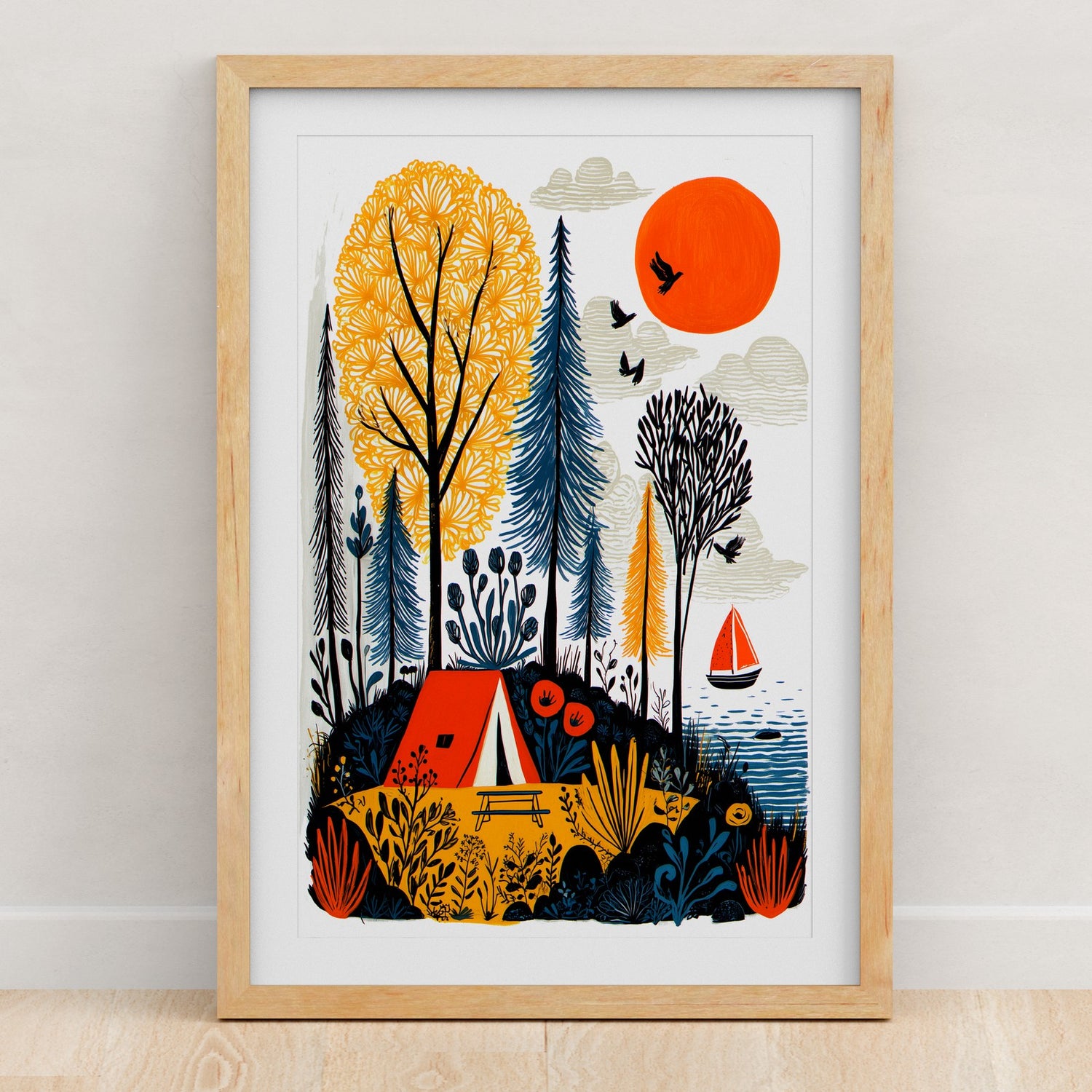 Folk-art wall art prints, framed linocut-style illustrations