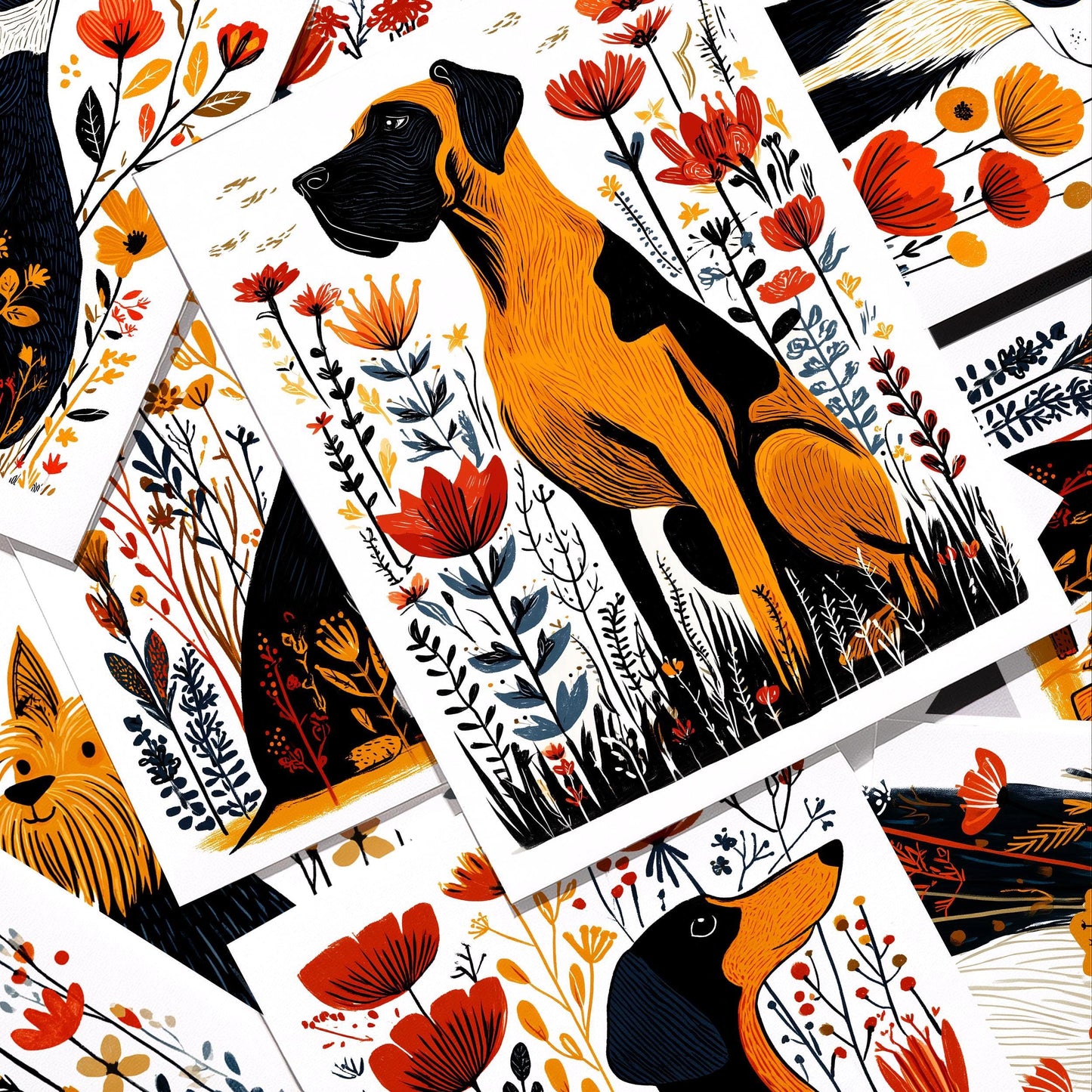 Great Dane Greeting Cards Set of 10 | Block Print Dog Note Cards 4.25x5.5 | Blank Birthday Card | Dog Lover Gift | Gentle Giant Stationery