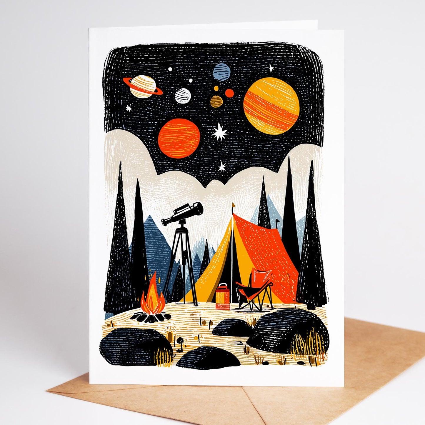 Camping Greeting Card Set – 10 Unique Blank Nature Cards 4.25x5.5 – Outdoor Adventure Tent Bonfire Forest Cards – Hiking Gift Note Cards