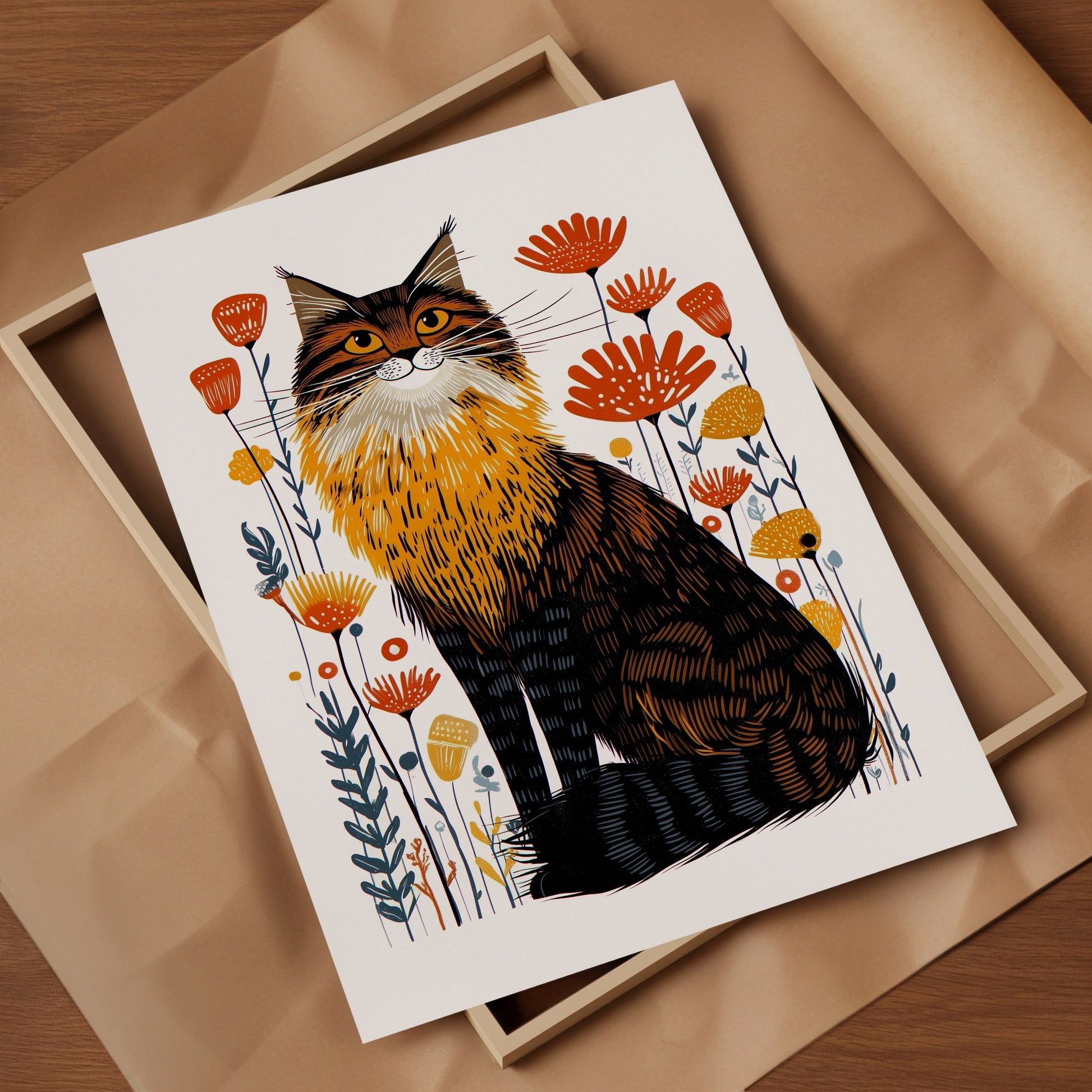 Maine Coon Cat Floral Art Print | Folk-Art Wall Decor