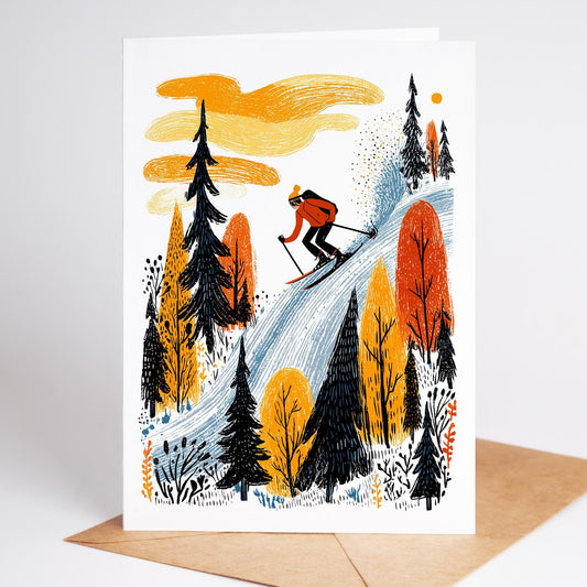 Illustration of a skier in a forest with autumn colors on a greeting card.