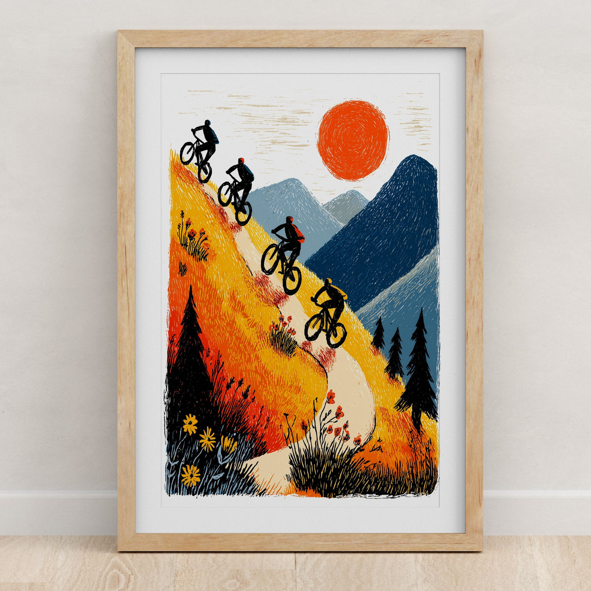 Folk art mountain biking wall art print