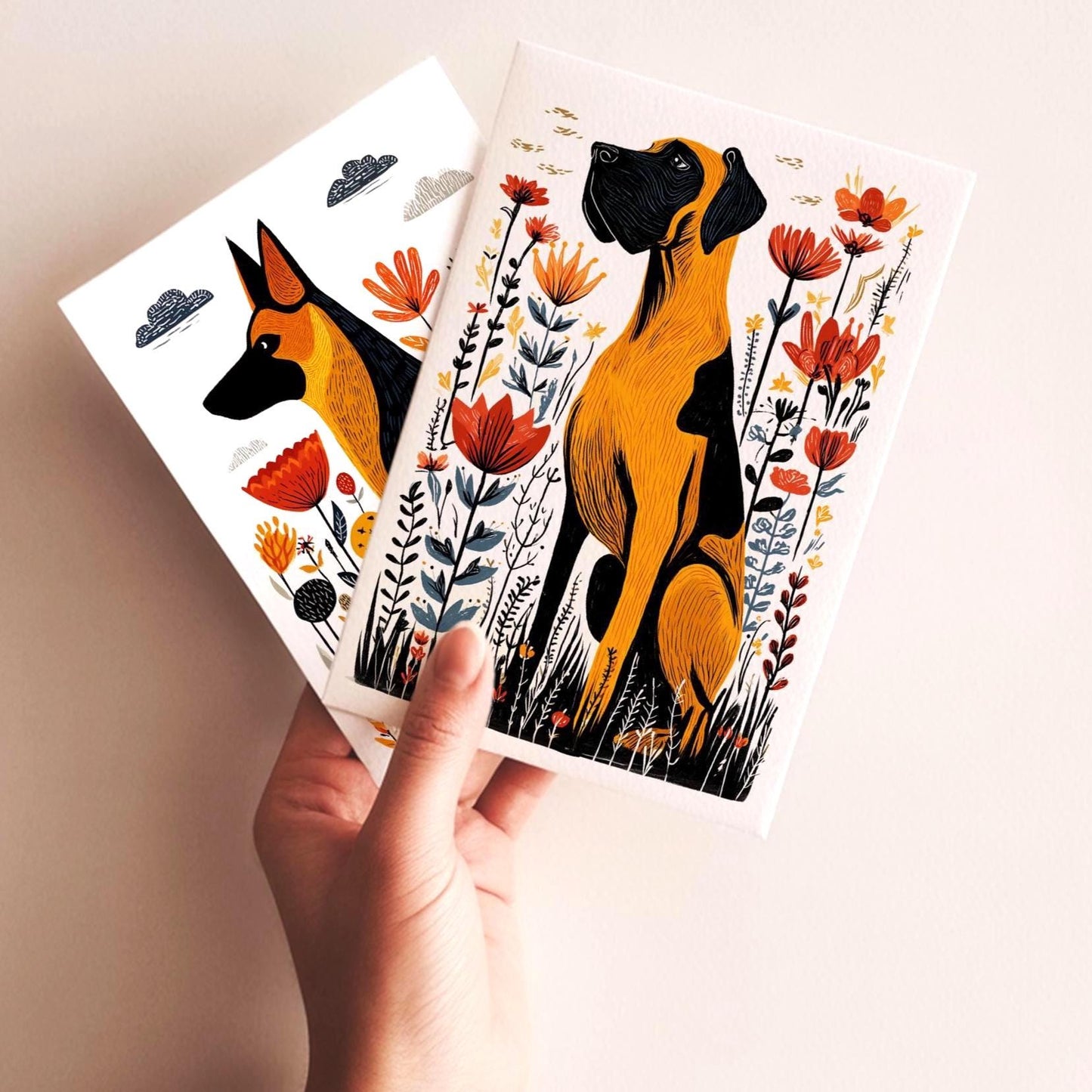 Great Dane Greeting Cards Set of 10 | Block Print Dog Note Cards 4.25x5.5 | Blank Birthday Card | Dog Lover Gift | Gentle Giant Stationery