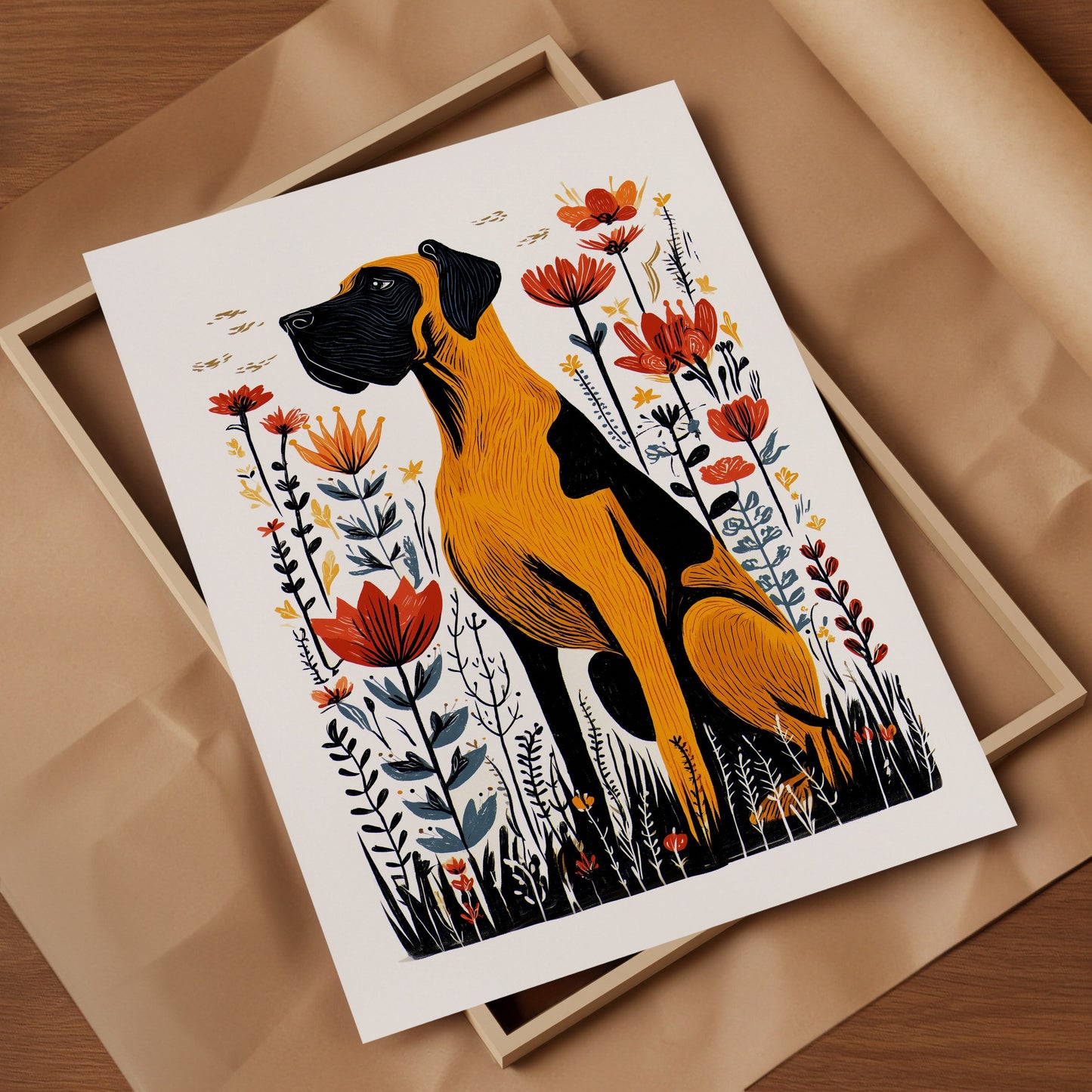 Great Dane Floral Art Print | Folk-Art Wall Decor