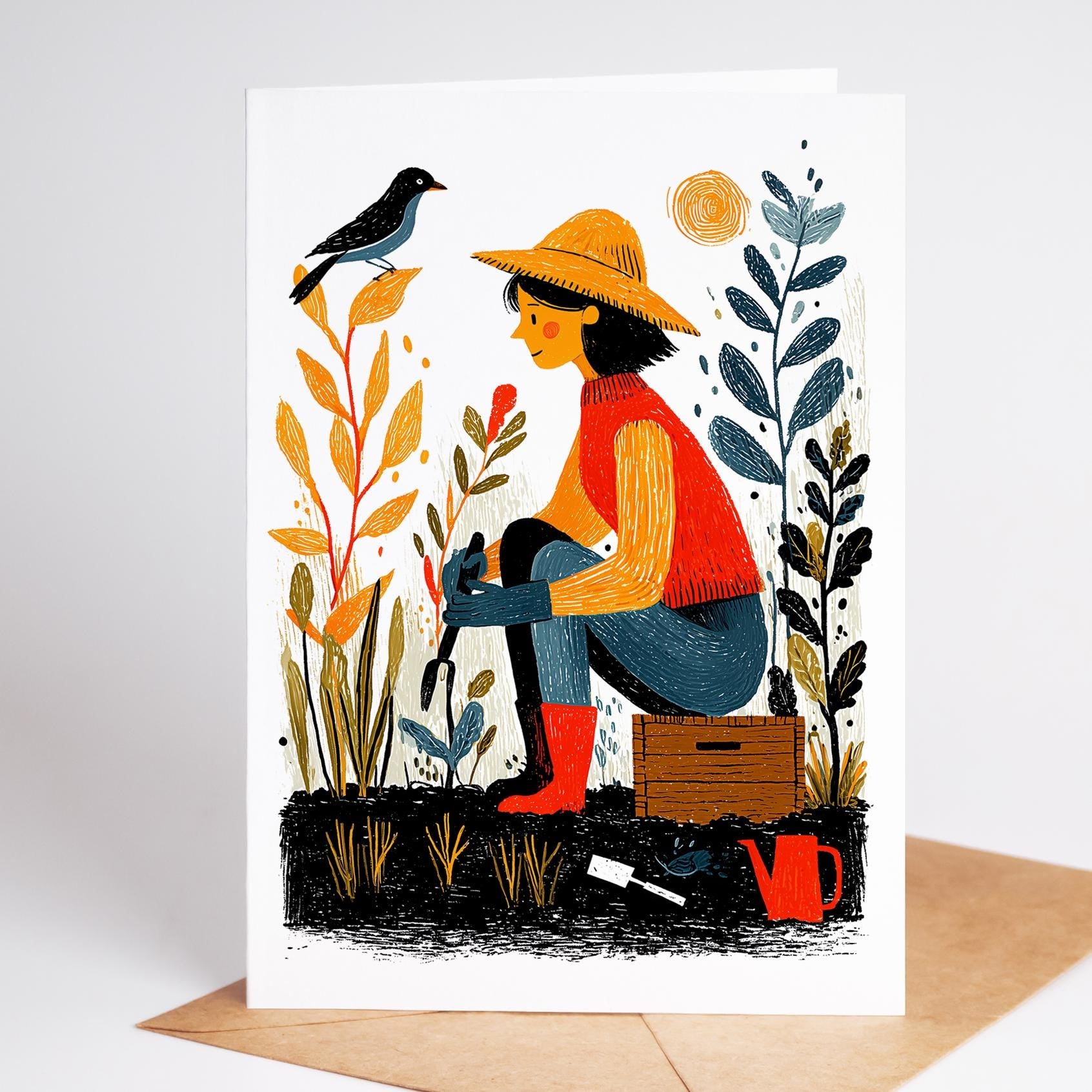 Garden lover greeting card showing vibrant garden art in brush-stroke style, framed with bold white border, from gardening set of 10.